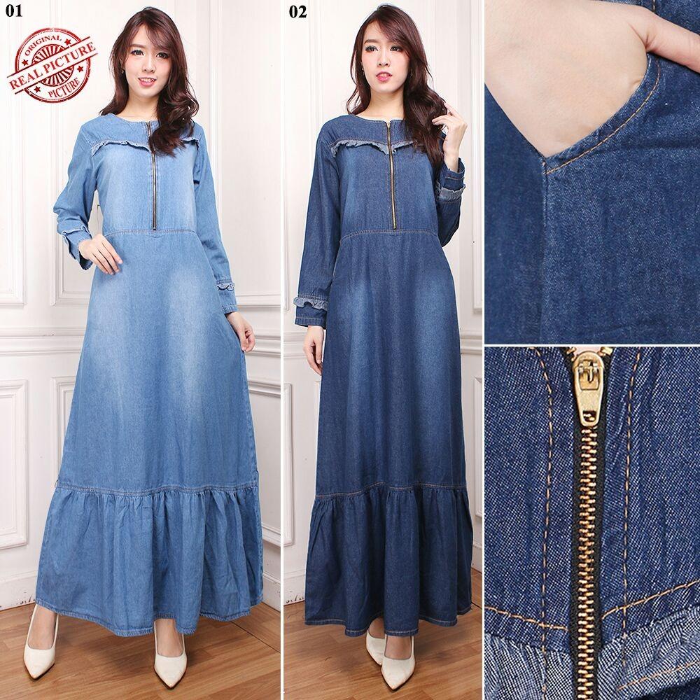 Cj collection Dress jeans maxi panjang gamis kaftan tangan panjang wanita jumbo long dress Caca - 02