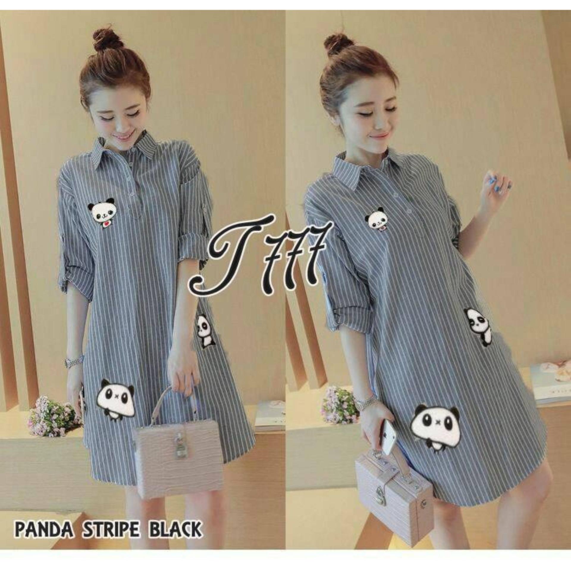 D.N.Y.H Shop Stripe Panda Black Baju Muslim / Kemeja Dress / Tunik / Atasan Wanita / Dress Wanita / Blouse Jumbo / Dress Jumbo / Dress Muslim / Blazer Jumbo / Baju Kerja / Syari / Gamis / Baju Koko / Jumpsuit