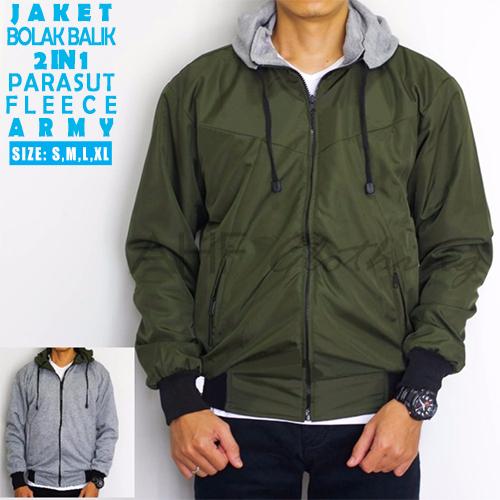 Jaket Parasut Fleece Hoodie 2in1 Bolak Balik - Jaket Pria - Hijau Army