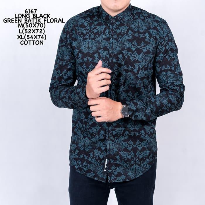 Baju kemeja batik pria black green floral - Hitam, M - PERFn4