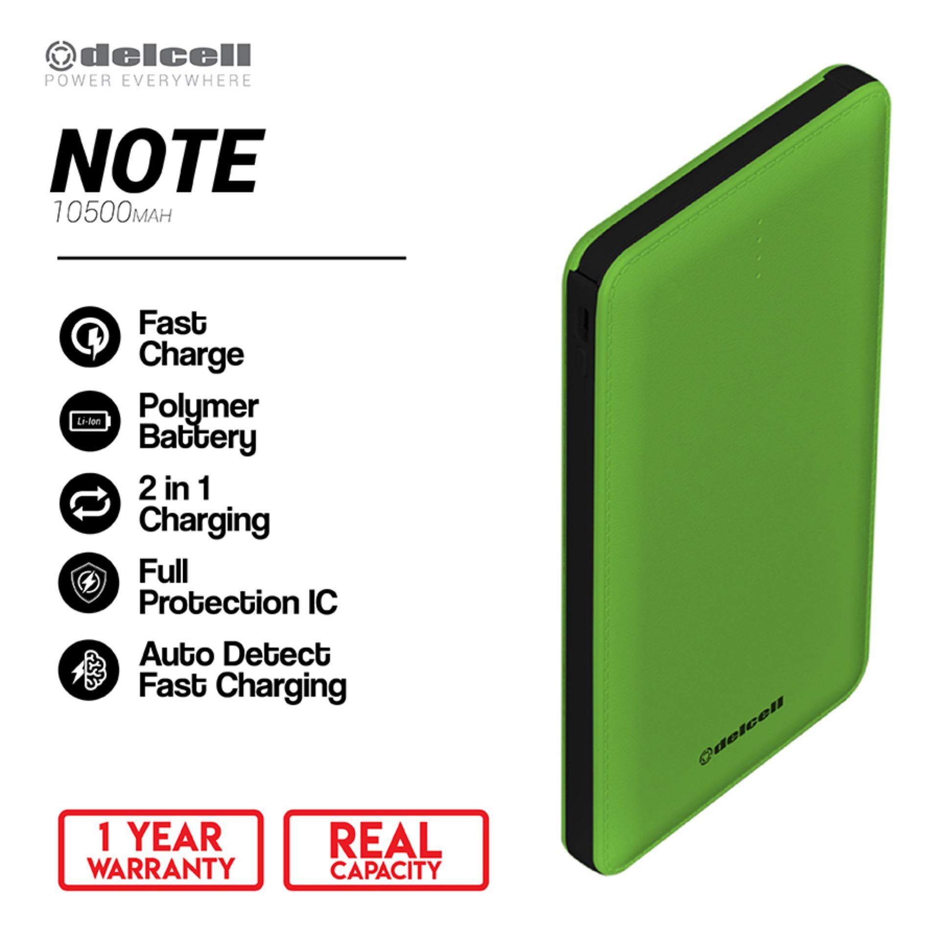 Delcell 10500mAh Powerbank NOTE Real Capacity Slim Powerbank Polymer Battery Build in Cable Fast Charging Garansi Resmi 1 Tahun Power Bank Murah Berkualitas - Hijau