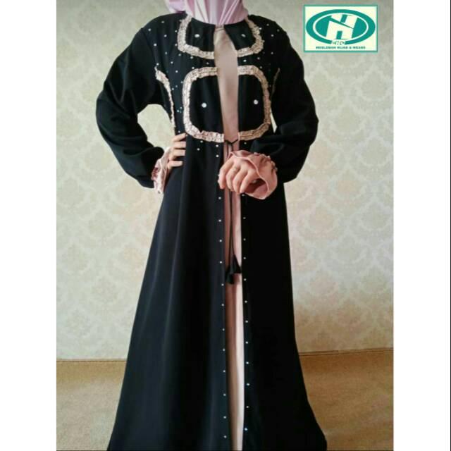 Abaya Dress Gamis emeral Maxy Syari Singapore Swarosky Hitam Saudi Umrah Haji Saudi Arab Turki India (L)