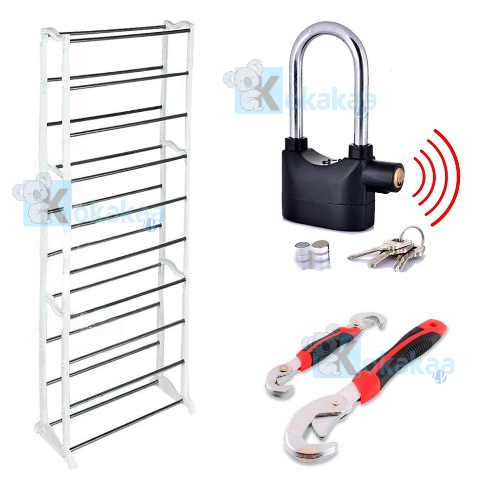 Maxxio Paket Bundle Gembok Alarm Baja Panjang + Snap and Grip Tang Multifungsi 2 pcs + Rak Sepatu Besi 9 Tingkat