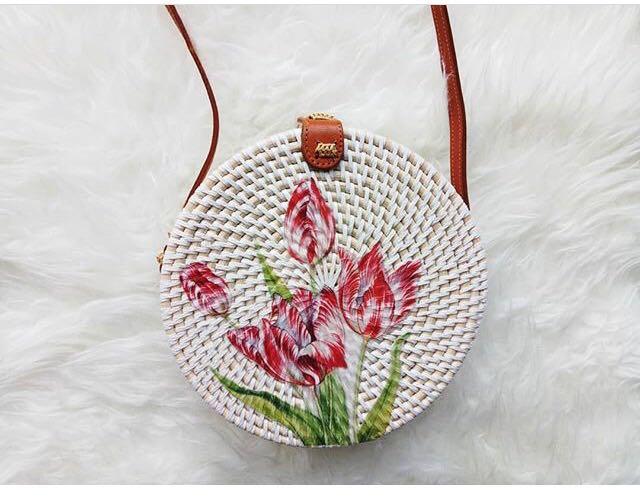Tas Ratan ate Bali/Tas Ratan ate Warna/Motif Bunga/Tas Rajut - Bulat