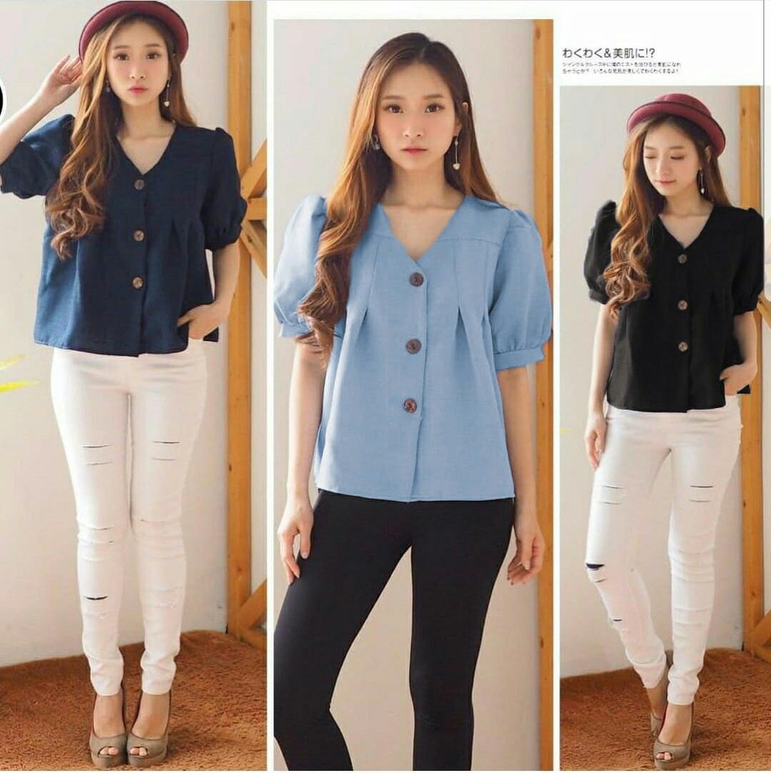 J&C Zabell Blouse / Atasan Wanita / Kemeja V Neck Wanita / Atasan Lengan Pendek /