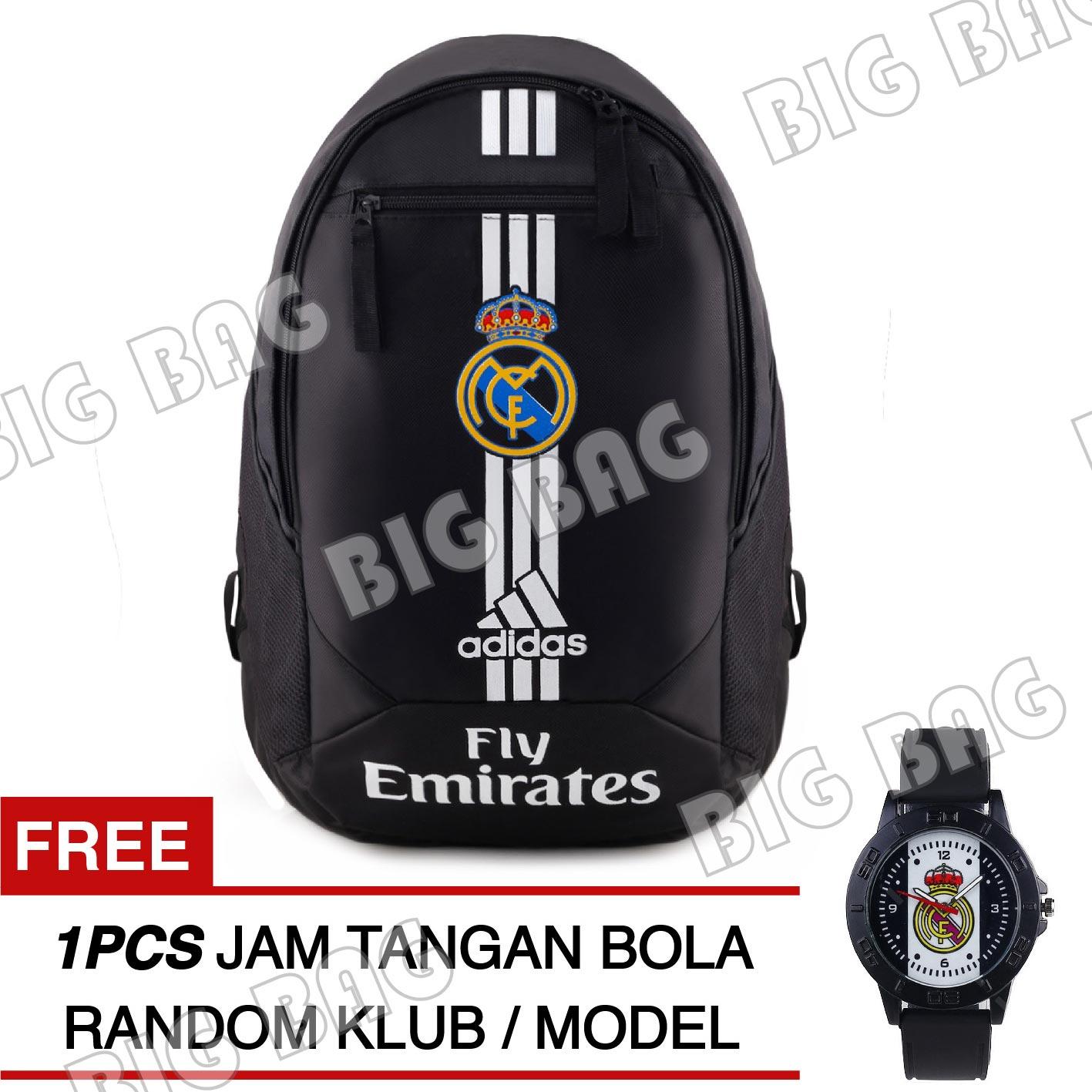 Tas Ransel Adidas Bola Pria Real Madrid C.F Laptop Backpack Men Soccer Editions - Black + Raincover + FREE Jam Tangan Pria Random Color / Model
