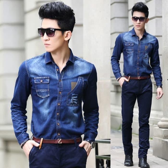 Baju Kemeja Pria Katun Stretch Jeans Biru Terbaru Fas017