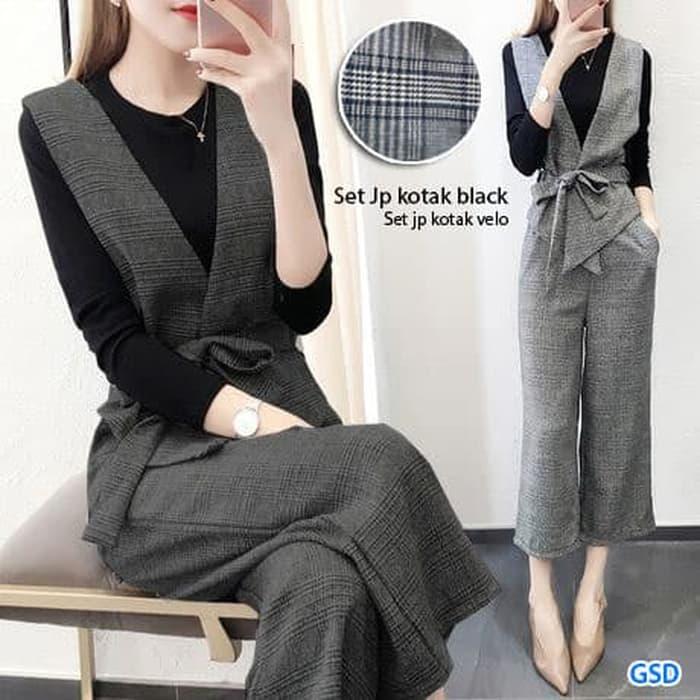 Setelan jumpsuit kotak velo/blus+jumpsuit kulot cewek