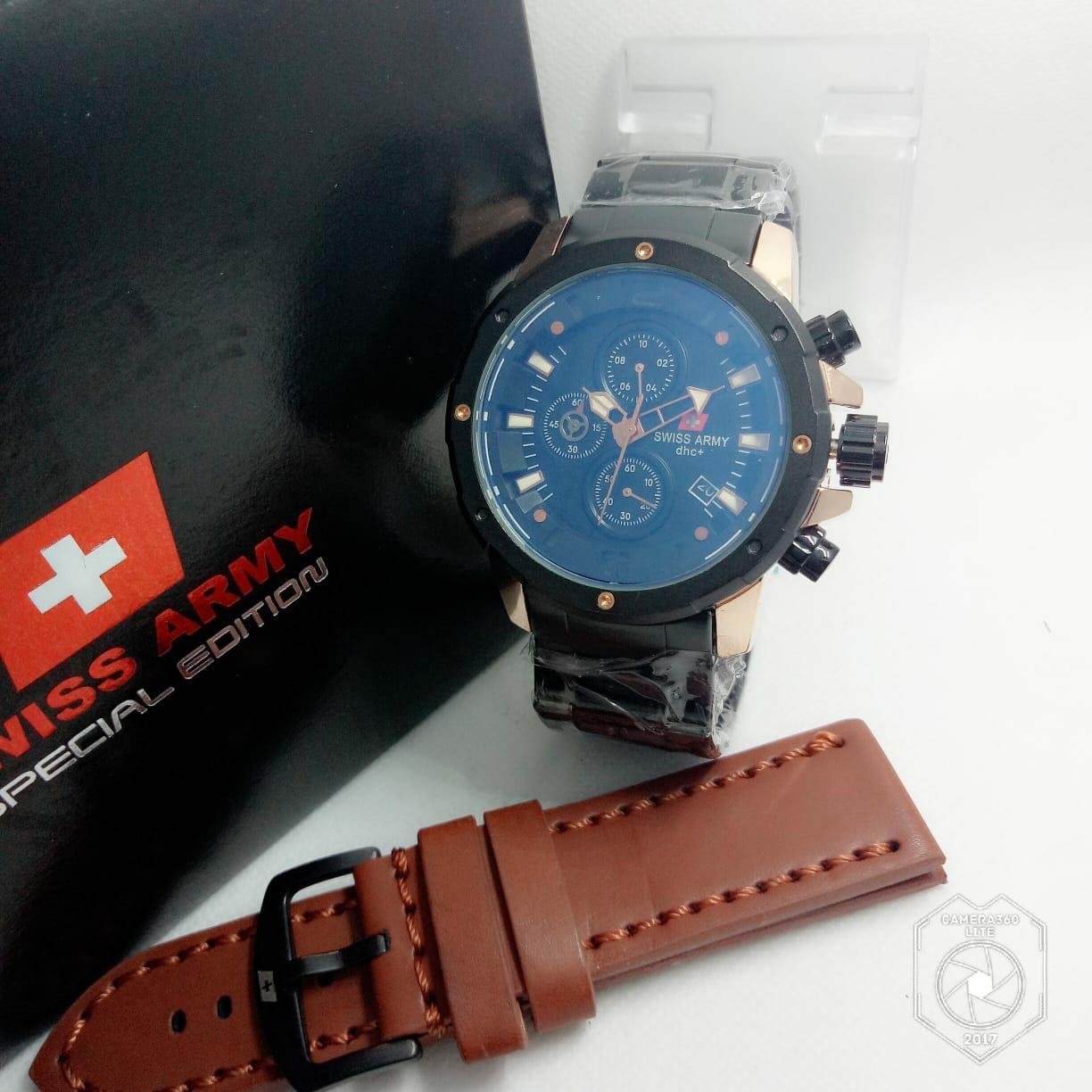 Jam Tangan Pria Kasual Strap Sport Tali Kulit Chrono/Tanggal Aktif Free ( Kotak Swiss Army) Body Stainnless Luxury Watch Arloji Terbaru