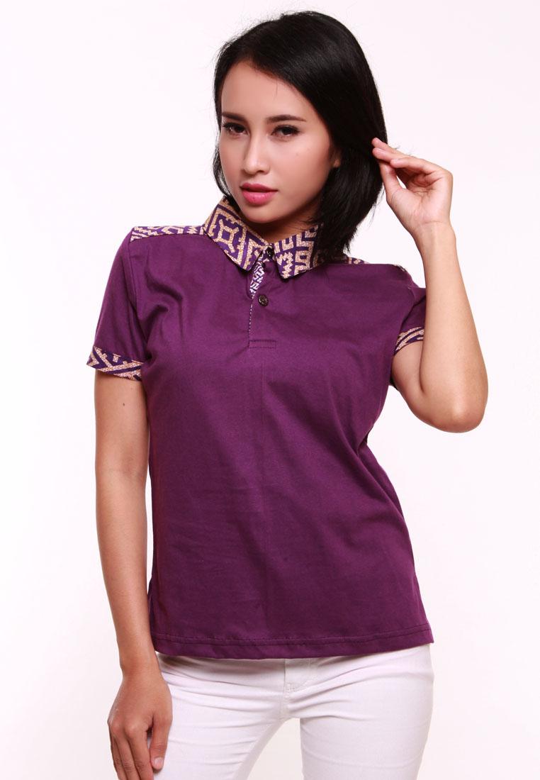 Batik Aksen Best Seller Baju Batik Atasan Wanita Kaos Berkerah Fashionable Katun Kombinasi Batik Primisima Modern Ungu