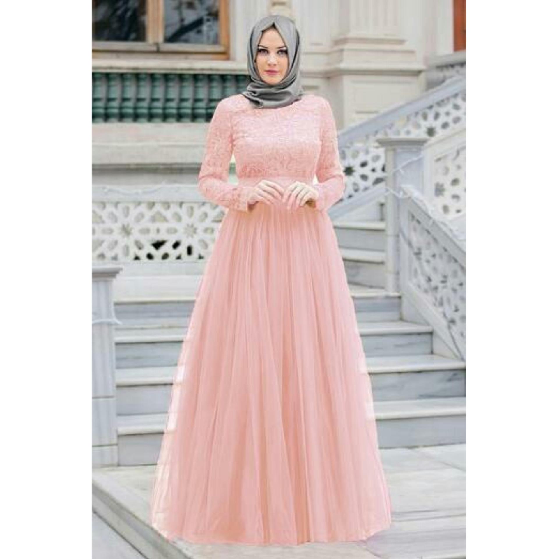 Claryne Maxi Dress Muslim Wanita Gamis Pesta Brukat Tile Lengan Panjang Almaer