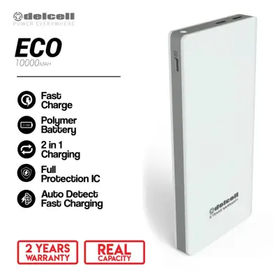 Delcell 10000mAh Power bank ECO Real Capacity Fast Charging Slim Powerbank Polymer Battery Garansi Resmi 1 Tahun Dual Output Power Bank Murah Berkualitas - Putih