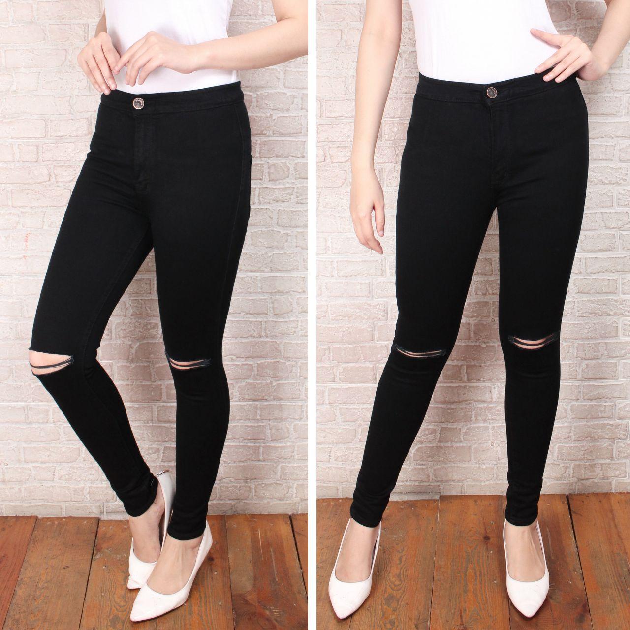 Celana jeans wanita hitam sobek silet dengkul skiny slimfit bahan ngaret melar terbaru