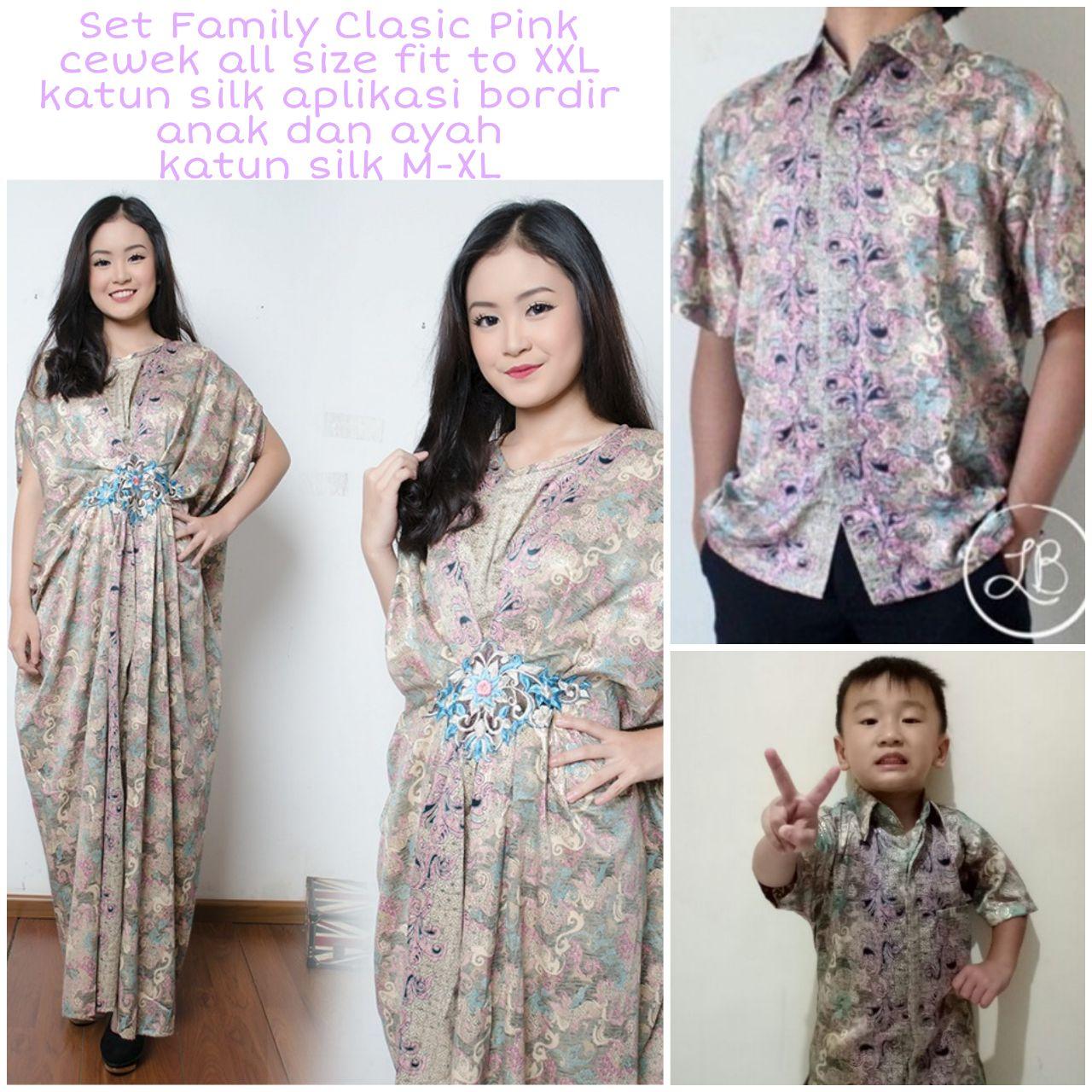 Cj collection Stelan couple batik family 3in1 baju batik dan gamis kaftan bapak dan anak atasan kemeja pria dewasa dan kemeja anak-anak dan dress maxi panjang gamis kaftan wanita jumbo long dress Sisy M-XL