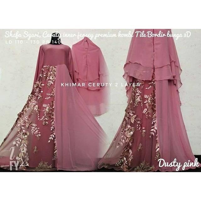SET GAMIS SYARI BAJU PAKAIAN MUSLIM PESTA MIURAH TILE BORDIR 3D BROKAT JERSEY JUMBO KHIMAR CERUTY (abu)