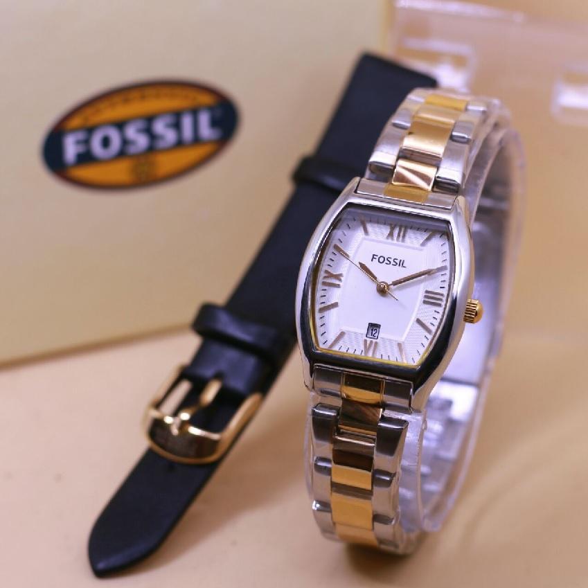 fossil - jam tangan wanita casual dan trendy - tanggal aktif - rantai - kombinasi - m silver dan gold odel terbaru - free box dan tali kulit