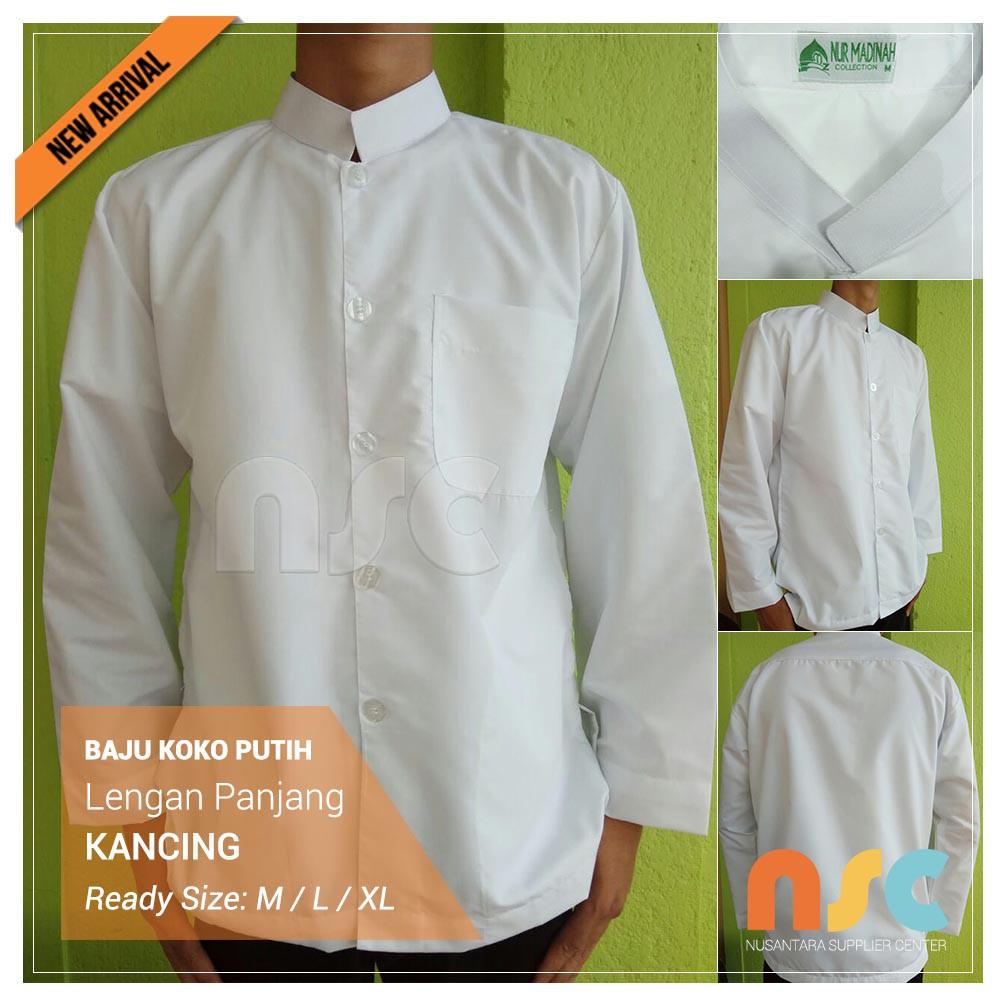HARGA GROSIR! Baju Koko Muslim Pria Dewasa Warna Putih Tangan Panjang (Kancing - L)