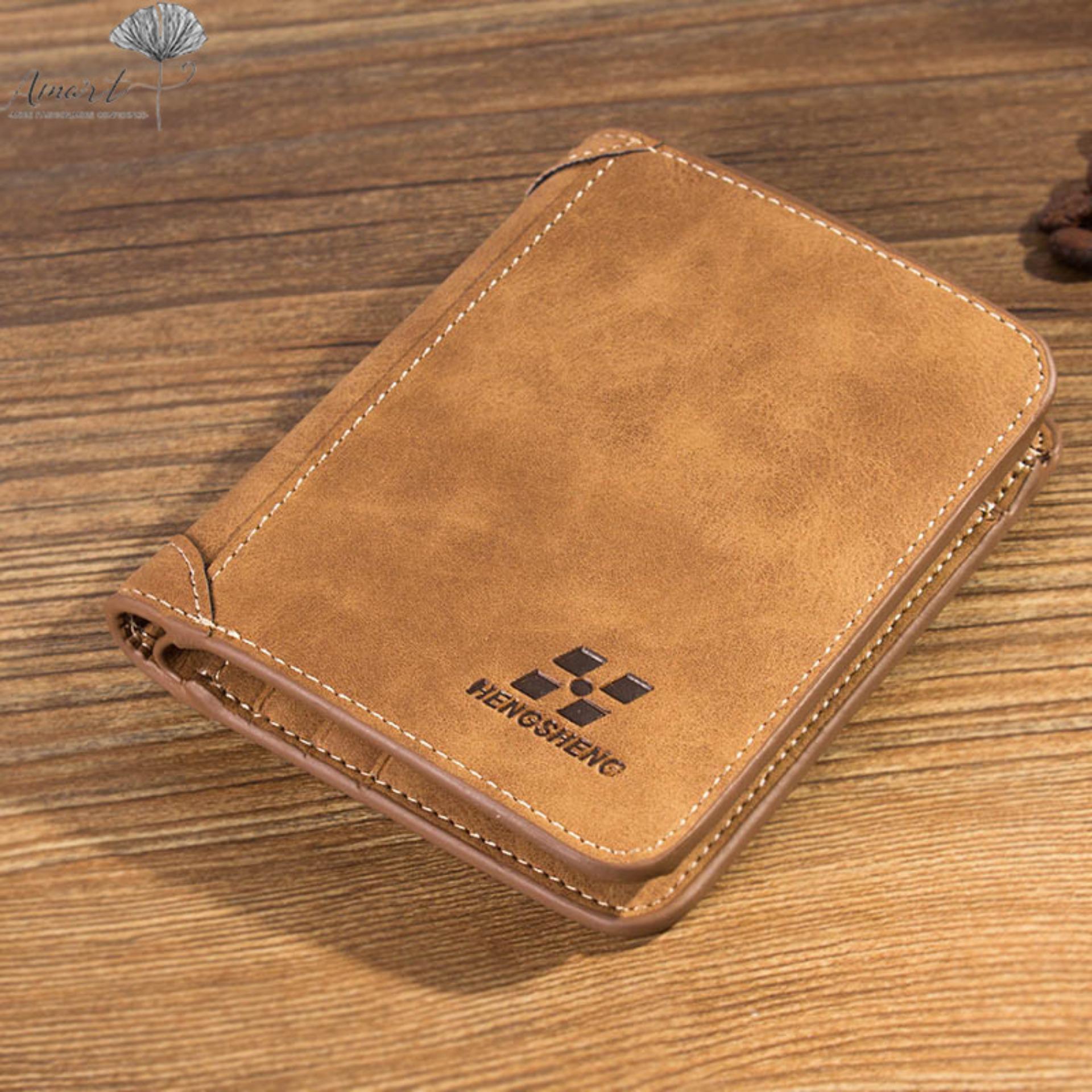 Amart dompet pria Vintage dompet pendek kulit PU pria tiga lipatan slot kartu