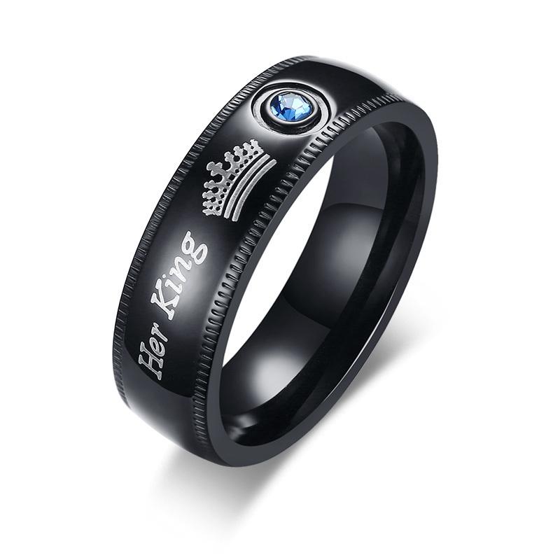 Vnox Pribadi Cincin Kawin untuk Wanita Pria Crown Tulisan His Quuen Raja Pertunangan Baja Nirkarat Band