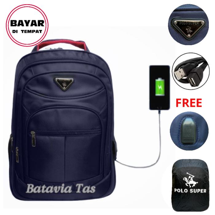 Java Tas Ransel Laptop Polo Super Tas Ransel Pria Tas Ransel Wanita Tas Laptop Tas Laptop Murah Tas Punggung Tas Kerja Tas Kuliah Tas Ransel Laptop Import Navy + Waterproof Raincover