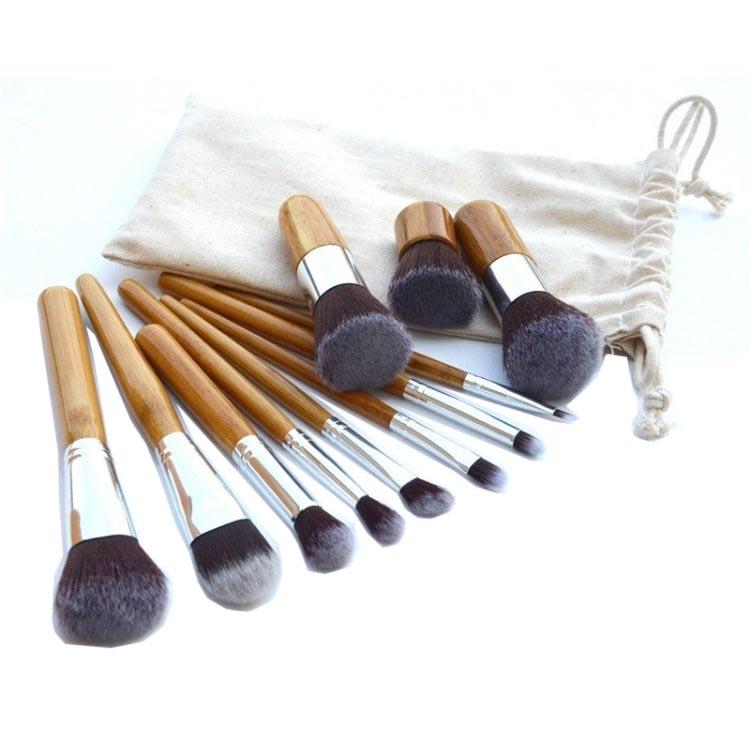Set Kuas Make Up Gagang Kayu - Wood Brush Kabuki Foundation Powder Blush On Eyeshadow Shading Contouring Brush - 11 Pcs