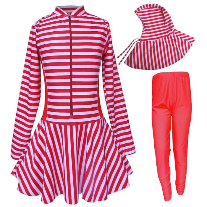 Baju Renang Anak Muslim 5-10 Tahun Motif Garis Merah Putih
