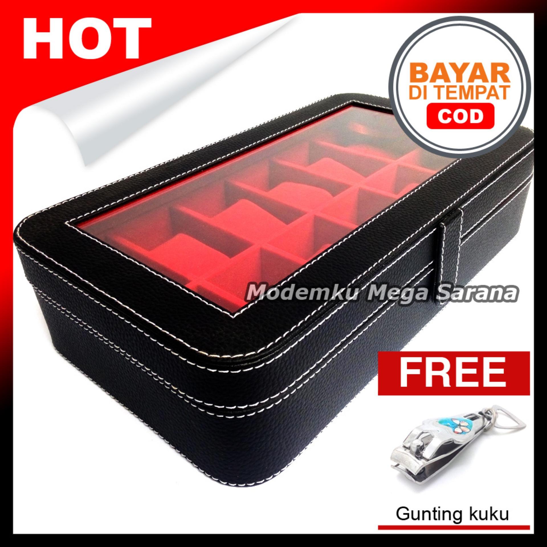 Kerajinan Jogja Kotak Jam Tangan Isi 12 Oval Tempat Box Jam Tangan - Hitam dlm Merah + Gratis Gunting Kuku