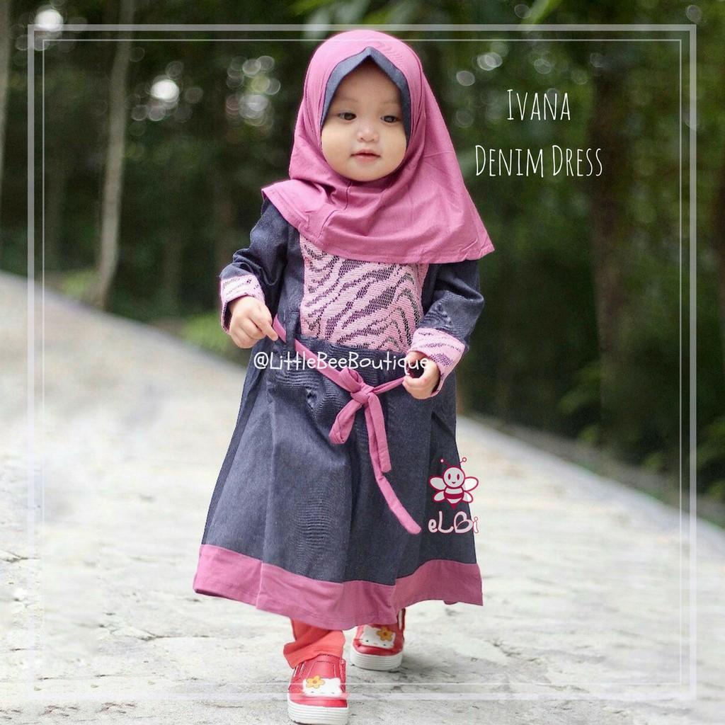 Setelan Dress Bahan Denim Kombinasi Brokat | Ivana Denim Dress (Hijau 1-2 th)