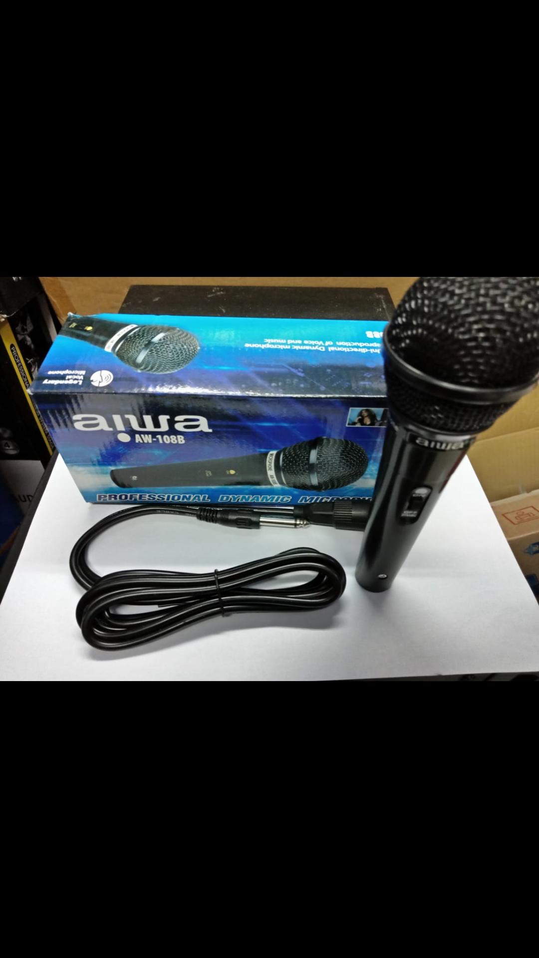 AIWA NAIWA aw 108 asli ori original mic mik microphone mikrofon kabel cable karaoke vokal vocal UNIVERSAL ZTS Bisa kesemua audio yg ada colokan mic nya suara mantap, yg paling penting tidak perlu teriak kenceng ngomong aja sudah kencang. bahan terbuat dr