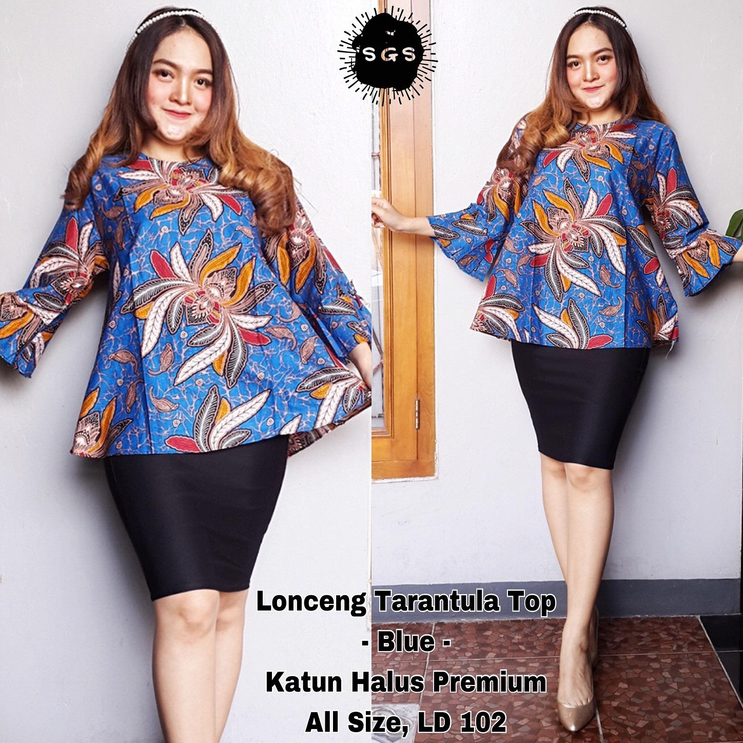 Atasan Blouse Batik Wanita - Blus Kerja Lengan Panjang - Blouse Batik Premium Tarantula Biru