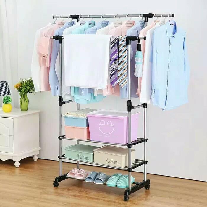 Stand Hanger Double 2 Sisi Rak Lemari Gantungan Baju Jemuran Indoor ||| tali jemuran gantung baju handuk baju stainless dinding pakaian lipat bayi jemuran aluminium jemuran pakaian