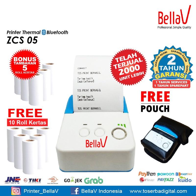 Printer Thermal Bluetooth BellaV ZCS 05 Plus Kertas 10 Roll Plus Pouch Kulit Sintetis
