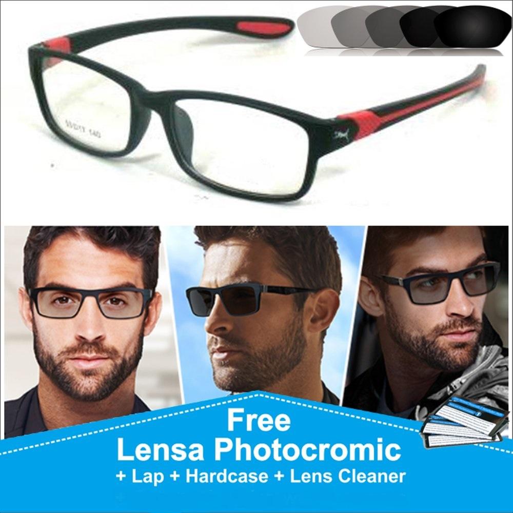 Oki_Store Frame Kacamata Sport PU201 Red Normal / Baca / Plus / Minus / Cylinder Photocromic / Photogrey / Anti Radiasi Komputer Berubah Warna