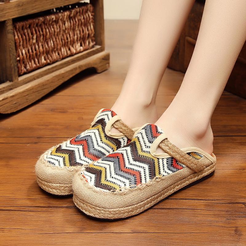 Kasual Linen Datar Lengan Bergaris Sandal Beijing Sepatu Kain Bekas (Nasi Putih) Sepatu Wanita Sandal Wanita