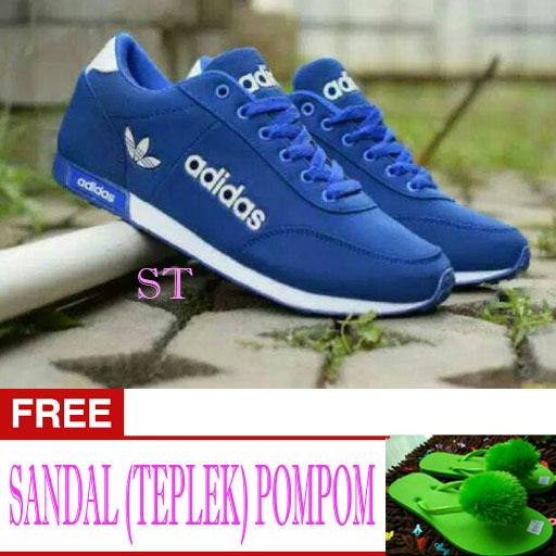 Sepatu wanita sneakers/Sepatu wanita flat/Sepatu wanita wedges/Sepatu wanita heels/Sepatu wanita murah/Sepatu wanita kickers/Sepatu wanita import SPON ADIDAS FULL BIRU free SANDAL (TEPLEK) POMPOM