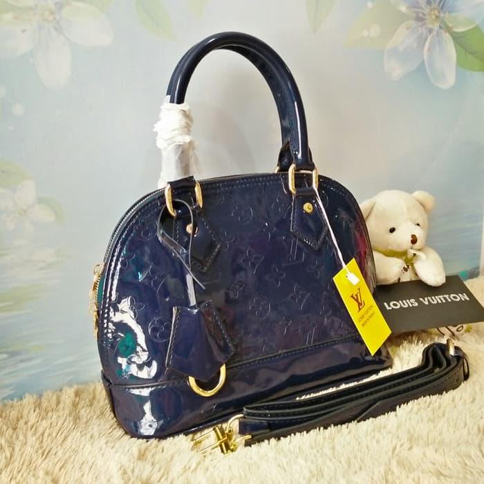 Tas Jinjing Wanita Branded LV Alma Glossy Vernish Warna Biru Navy - Tas Wanita Murah