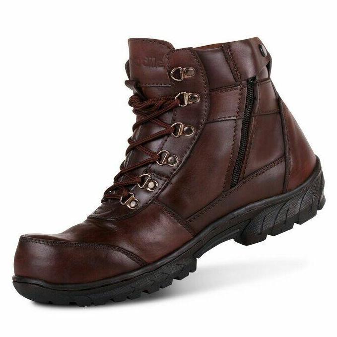 Sepatu Gaya Pria Safety Boots Sleting Kulit Asli proyek Touring Gunung Kerja Pormal Kantoran Coklat