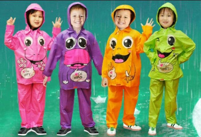 JAS HUJAN ANAK KARAKTER KIDO - SETELAN BAJU CELANA & TAS - MURAH LUCU - Hijau muda