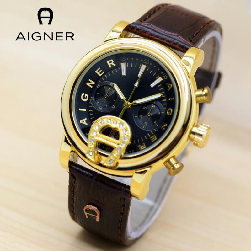 Jam Tangan Wanita Aigner Bari Plat Hitam Body Gold Kulit