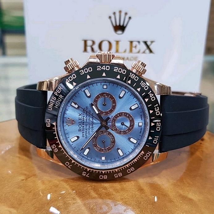 Jam Rolex Daytona Cosmograph Automatic Black Gold Dial Blue Sea - Rubber