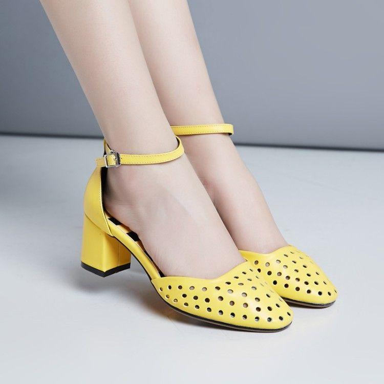 Sandal Musim Panas Semua-Cocok Modis Putih Ukiran Horizontal (Kuning)