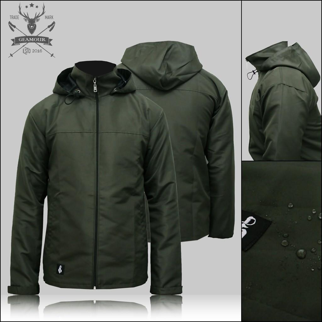 3R/jaket taslanhoody polos anti air /pria/ hijau army