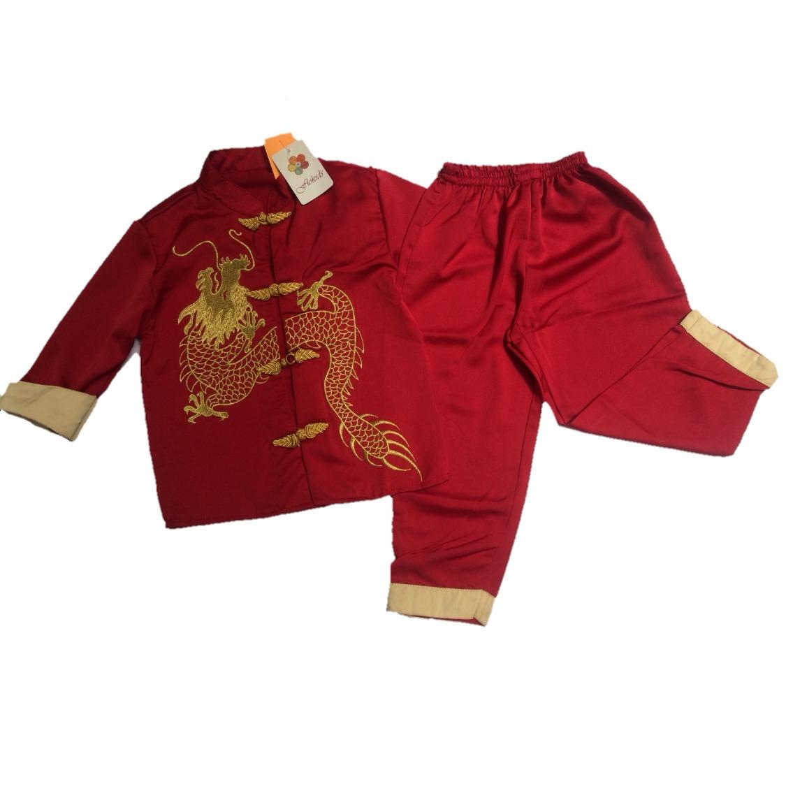 2in1 setelan panjang baju merah bordir naga gold kancing Cina gold list lengan gold + celana merah list gold (FLOKIDS)