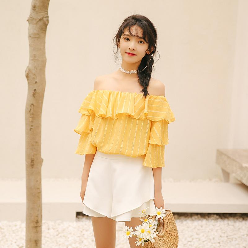Versi Korea Kerah Berbentuk Seperti Perahu Strapless Terlihat Langsing Kemeja Sifon Musim Panas Longgar Motif Garis Pinggir Daun Teratai Lapisan Ganda Lengan Terompet Atasan Perempuan