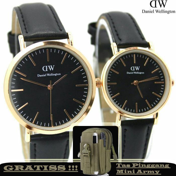 Jam Tangan Couple DEWE 058 - Leather Strap - Gratis Tas Pinggang Mini Army