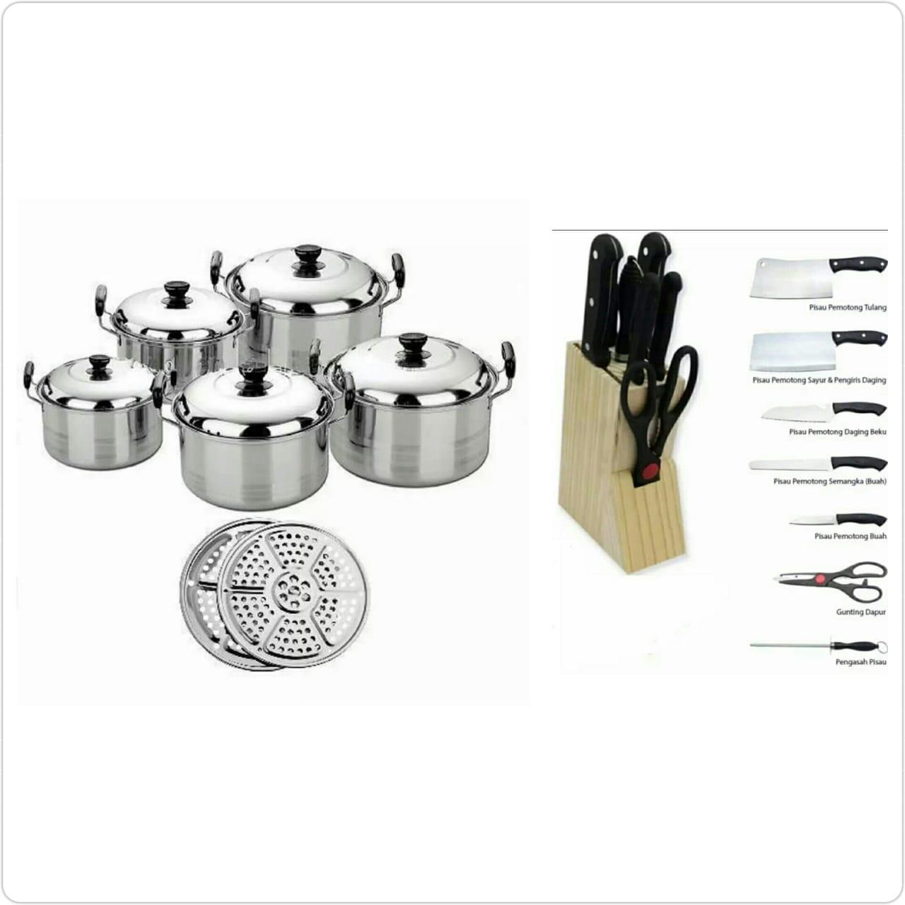 Paket Happy Life America High Pots Panci Set 5 in 1 + Kukusan dan Pisau Dapur set / Knife Set Stainless Steel - 8 Pcs Hitam