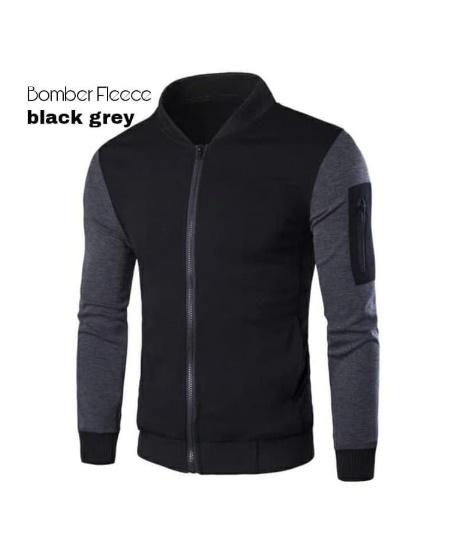 Jaket Bomber Pria - Jaket Cowok - Jaket Distro - Jaket Bomber Fleece Grey Black- Jaket Bomber Fleece Black Grey