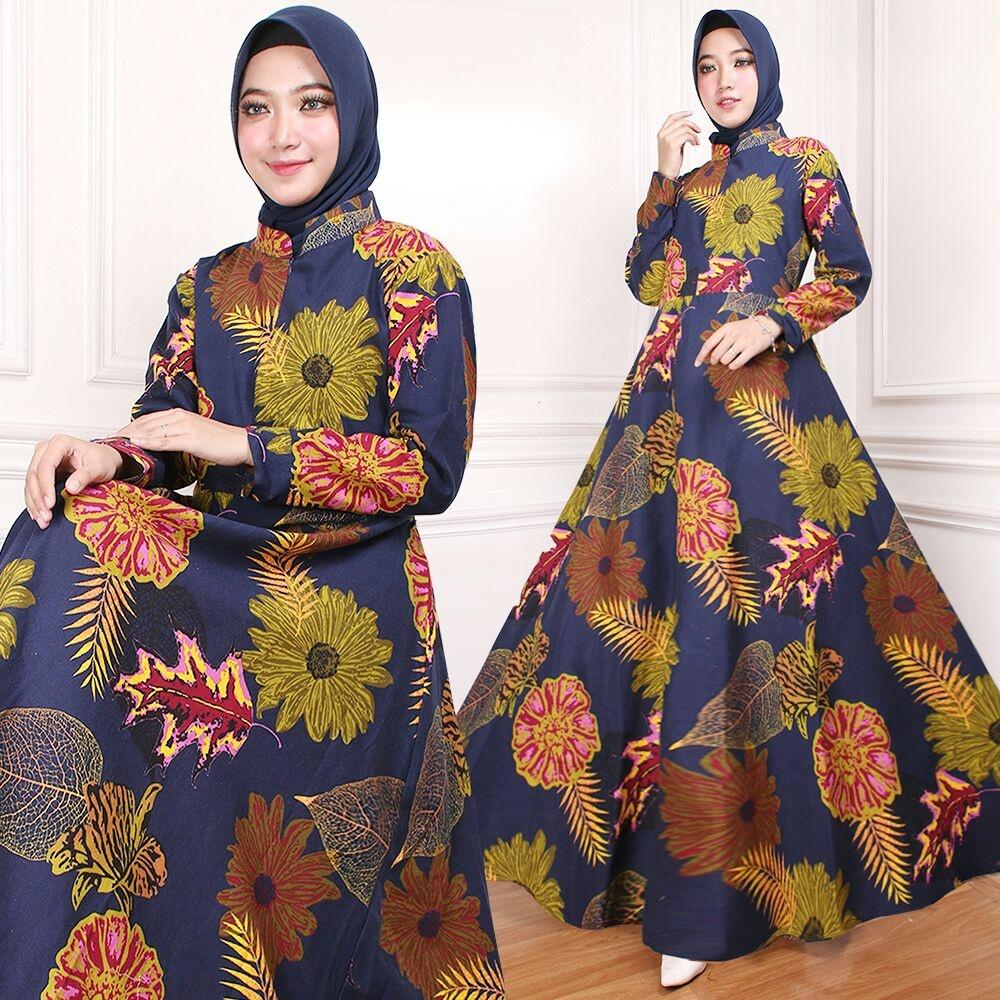 Flavia Store Maxi Dress Lengan Panjang Busui Motif Bunga FS0106 - NAVY BIRU DONGKER / Gamis Syari / Gaun Pesta Muslimah / Baju Muslim Wanita Syar'i / Tzindah