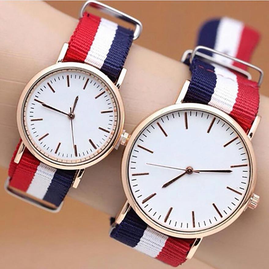 Jam Tangan Tali Kanvas Couple Watch Accessories Stylish Trendy -Navy Blue Strip Putih Merah