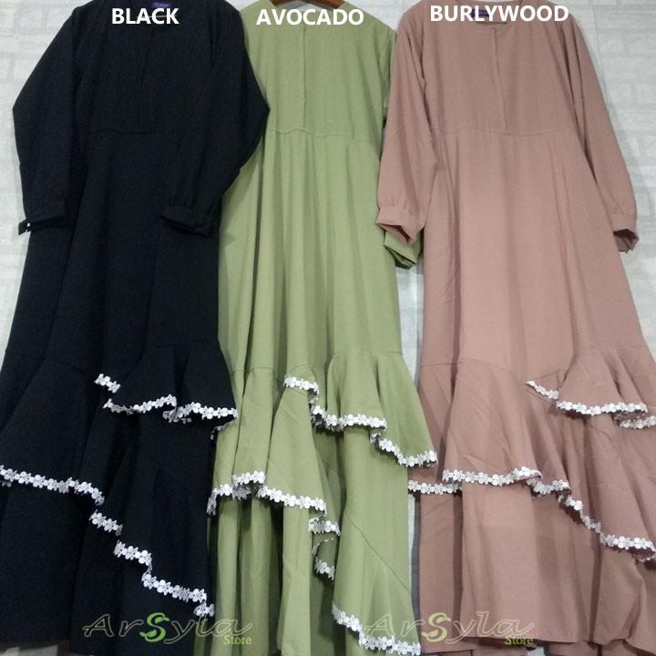 Gamis Syari Moscrepe Polos Rempel Renda Tumpuk Samping Ompak Miring - dress pesta lebaran kekinian (MUSTARD)